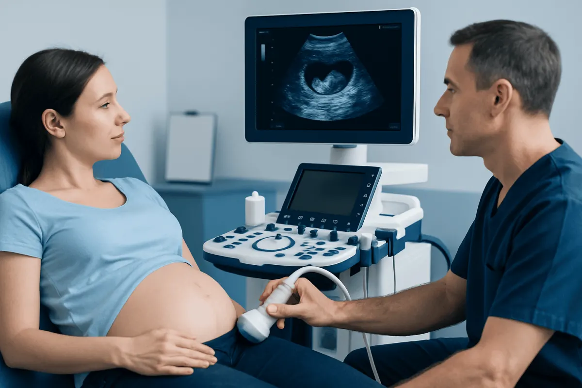Pregnant woman having ultrasound scan at hospital with doctor.
