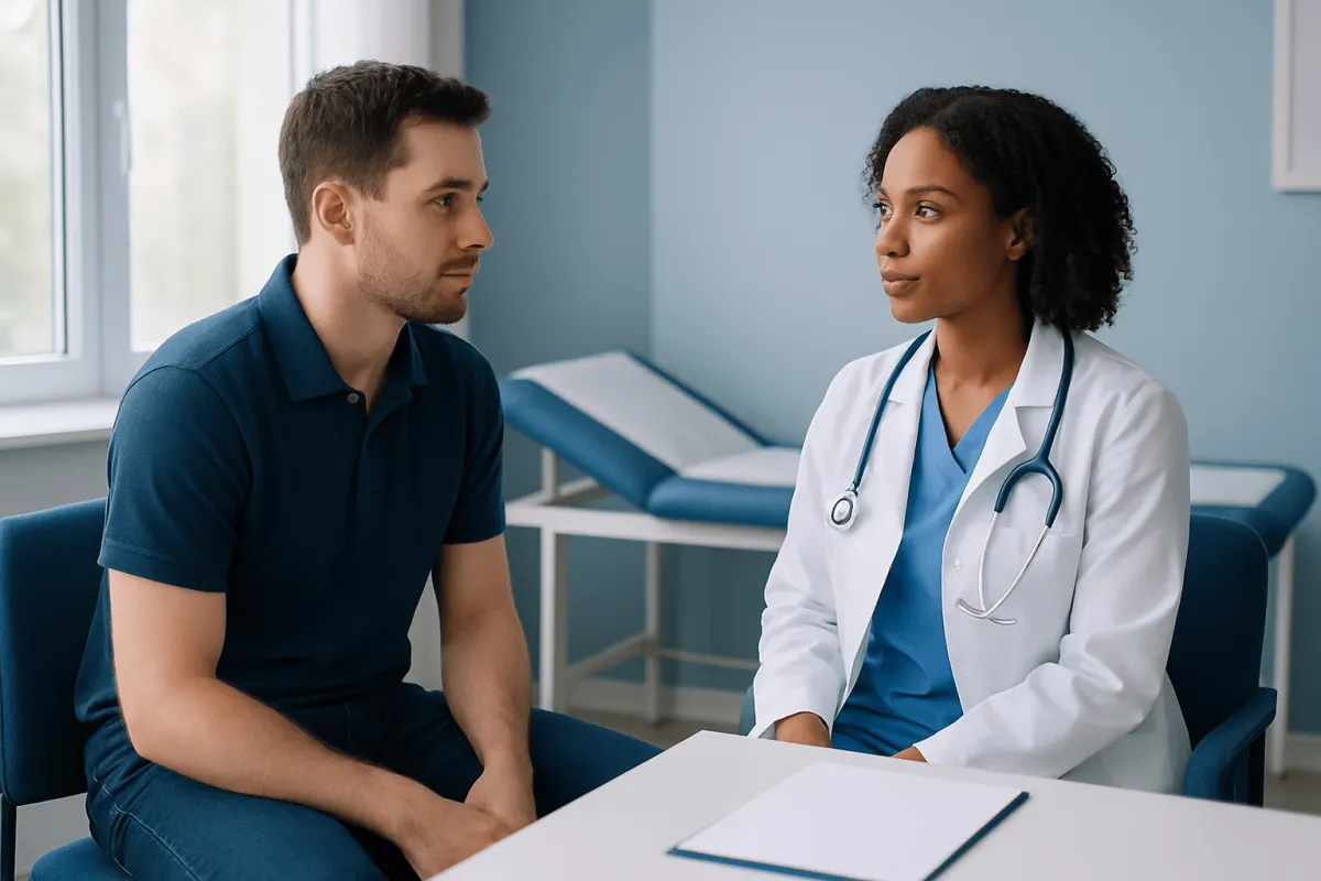Doctor consulting with male patient in a medical examination room.