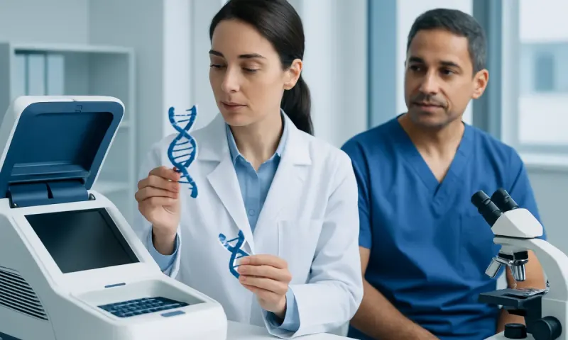 Scientists analyzing DNA samples in a laboratory setting.