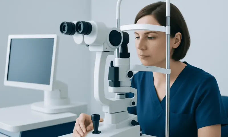 Optometrist using slit lamp for eye examination at Acibadem Hospital.