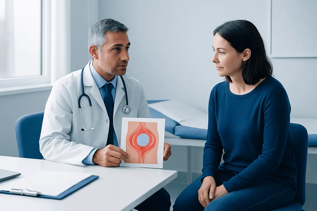 Doctor explaining hernia repair with medical diagram to patient in clinic.