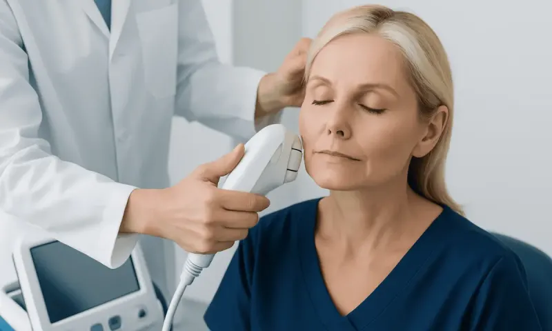 Skin tightening treatment being performed on a woman at a medical clinic.