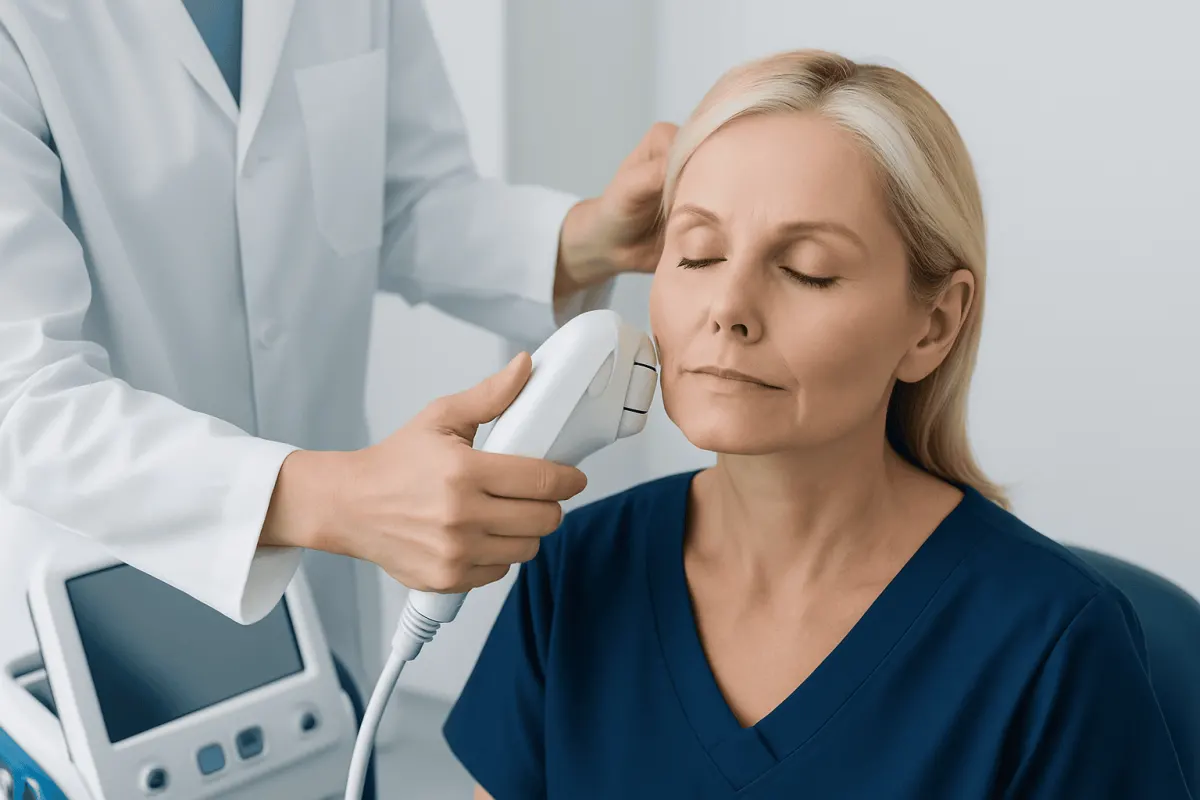 Skin tightening treatment being performed on a woman at a medical clinic.
