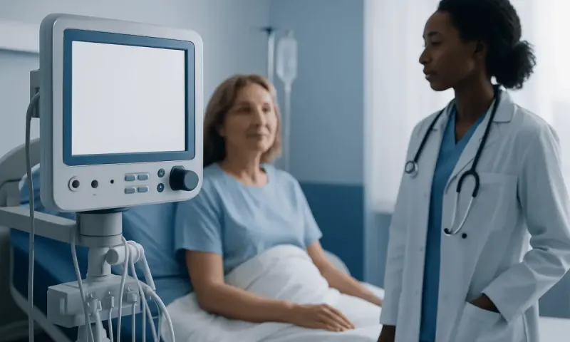 Doctor consulting with a patient in a hospital room with medical equipment.