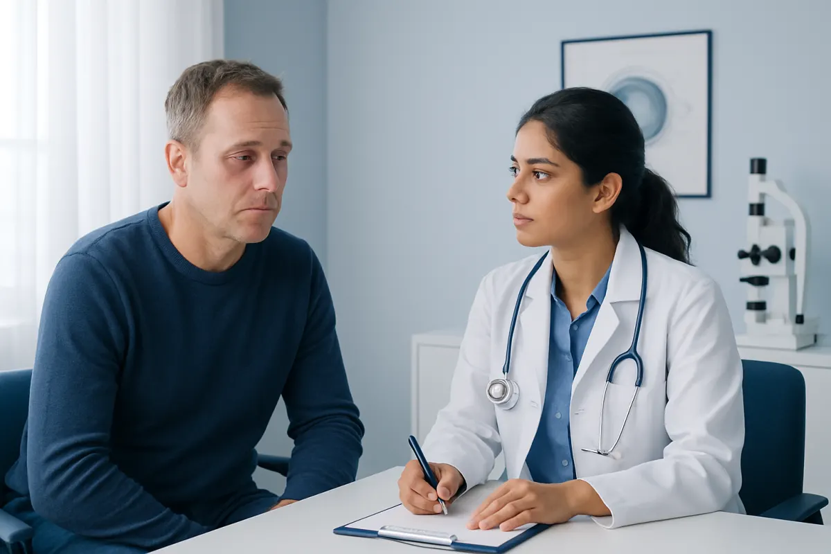 Doctor consulting with a male patient about eye health in a clinic setting.