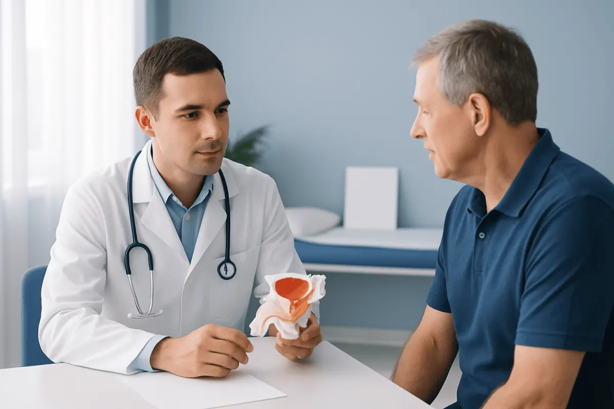 Urologist explaining prostate anatomy to patient in consultation room.