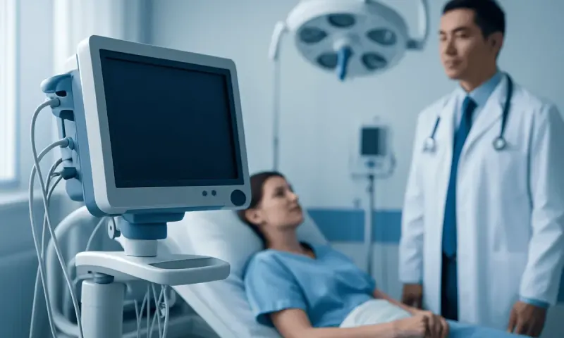Doctor consulting with patient in hospital room with medical equipment.