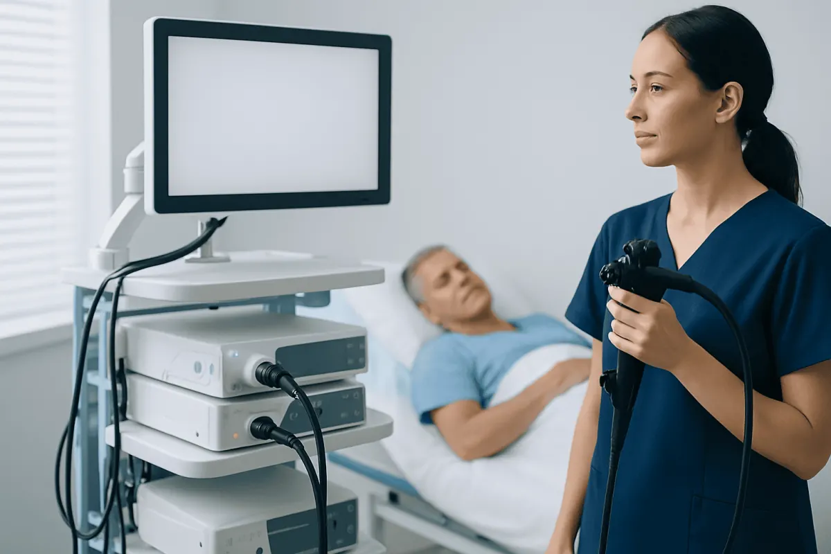 Medical professional preparing for a colonoscopy procedure in a hospital room.