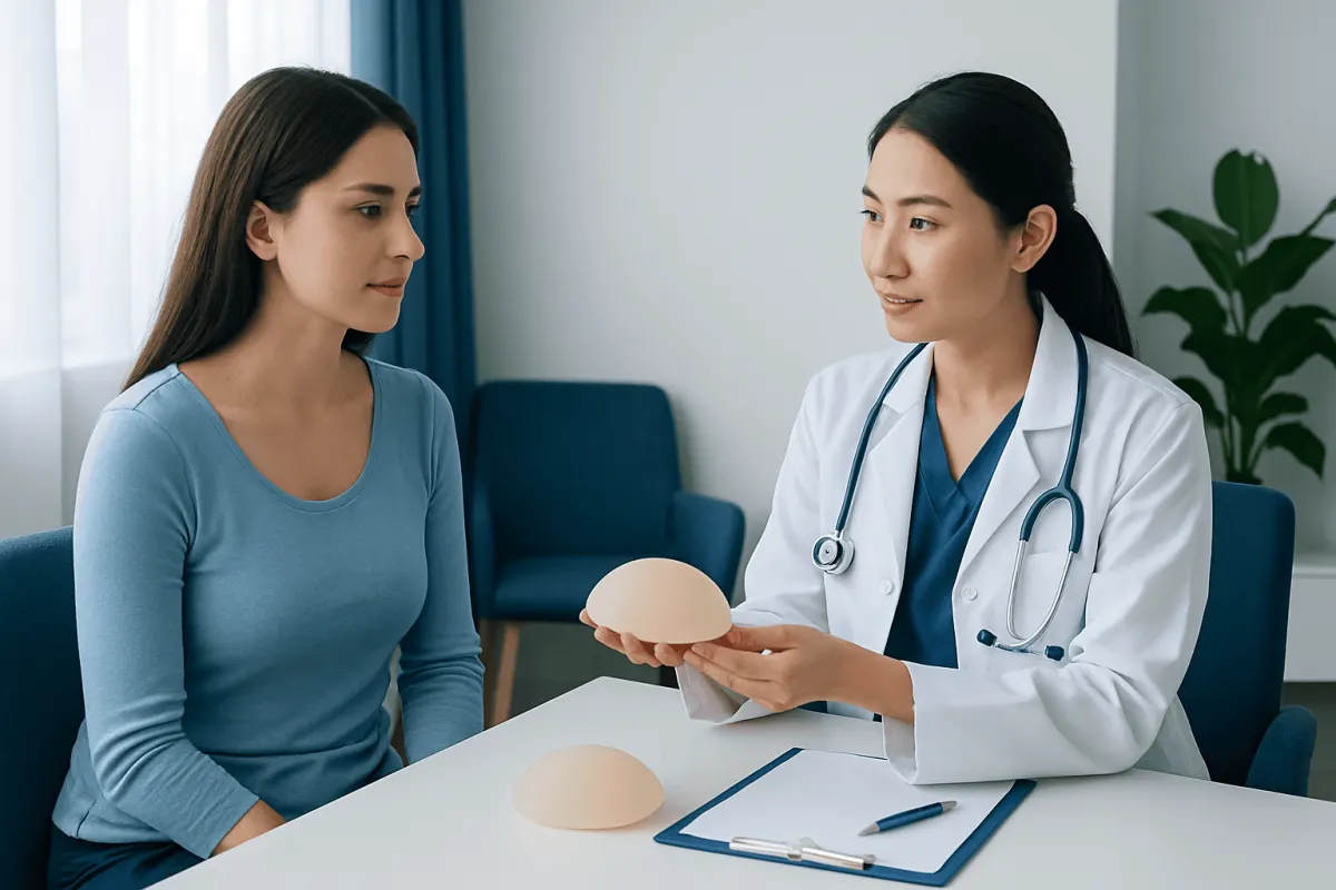 Doctor explaining breast surgery options to a patient in a clinic setting.