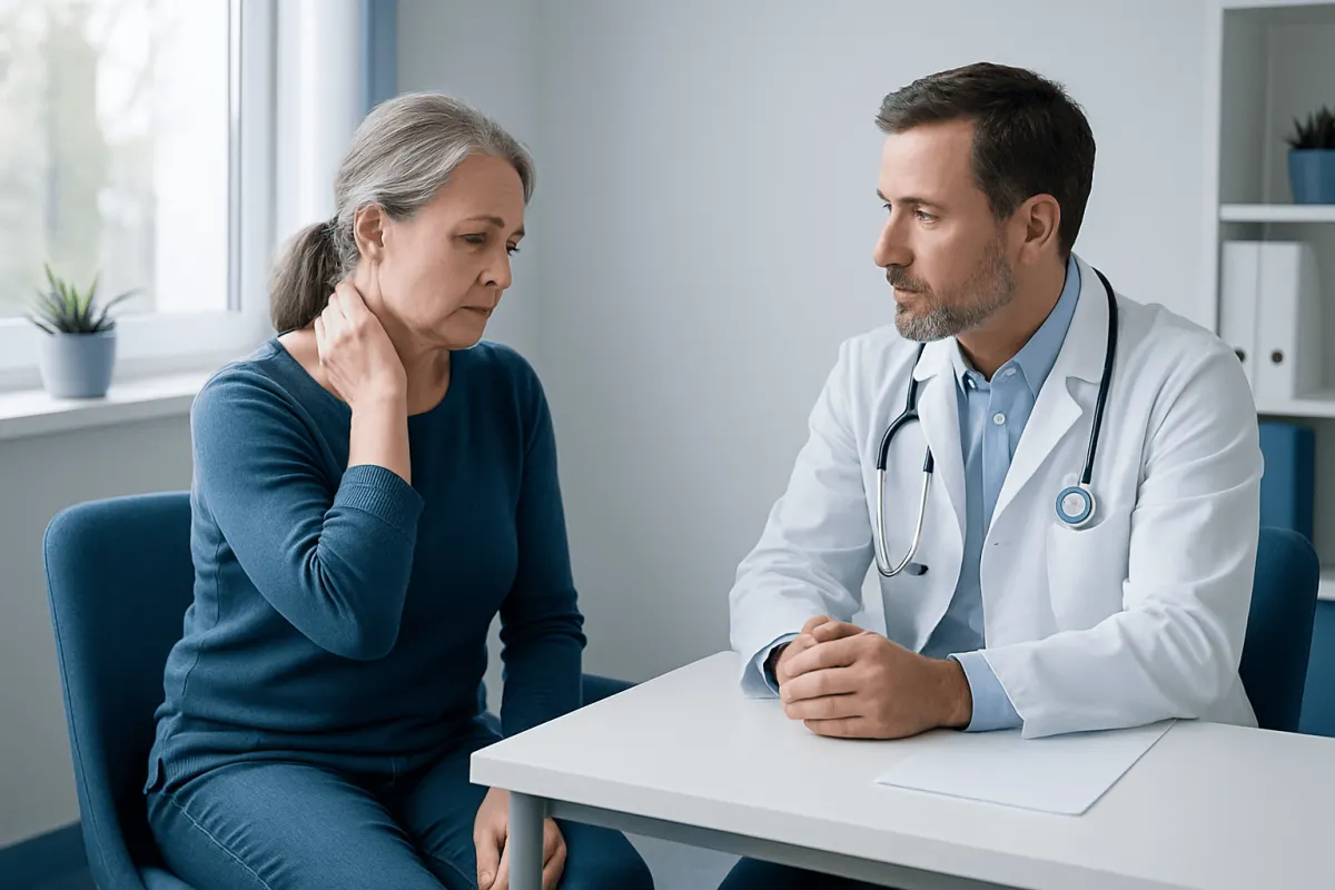 Doctor consulting with an elderly woman in a medical office.