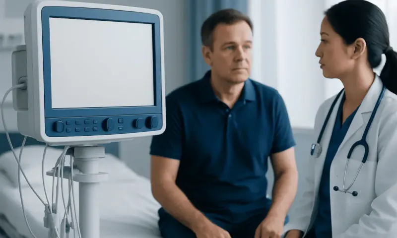 Doctor consulting patient in hospital room with medical monitor.