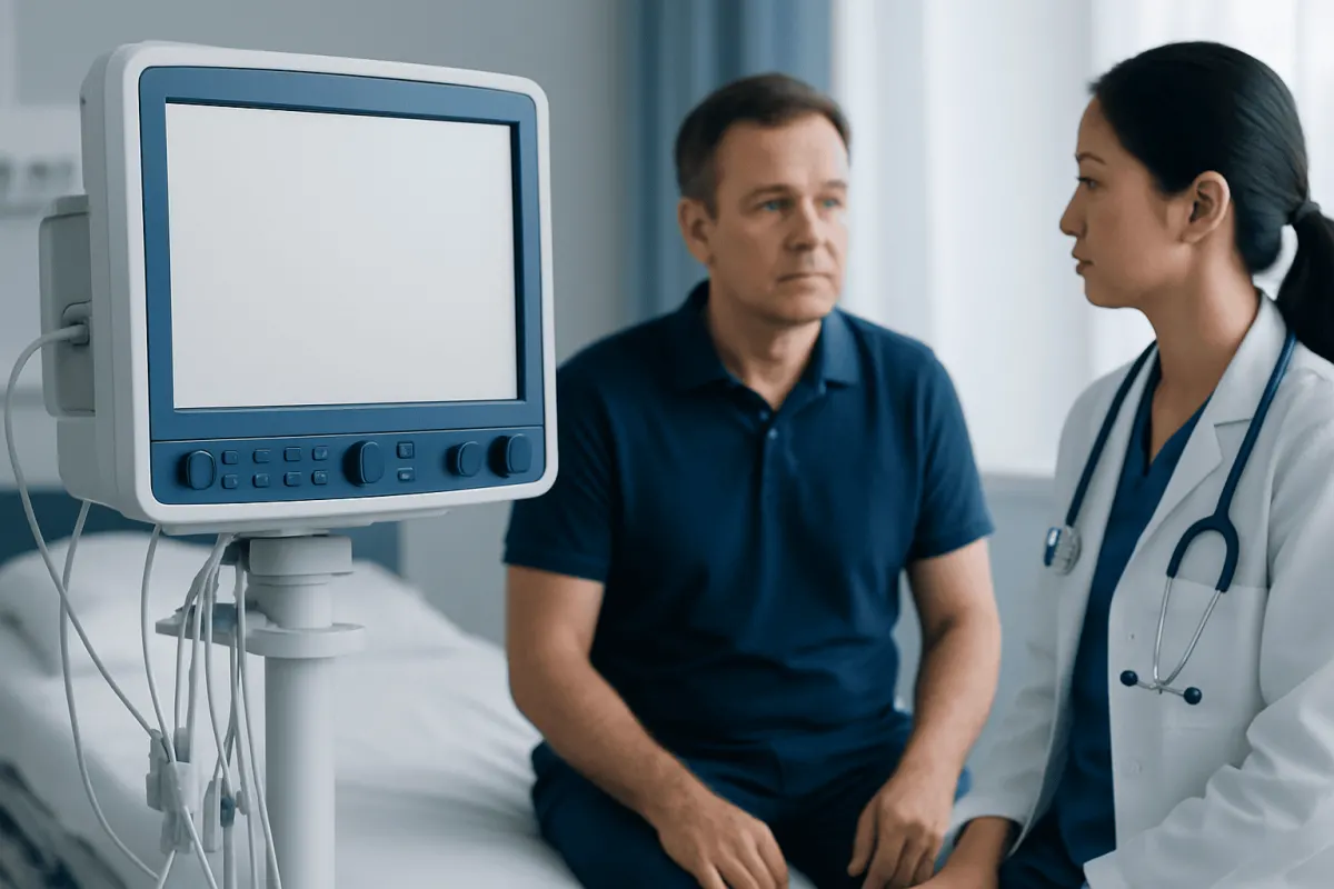Doctor consulting patient in hospital room with medical monitor.