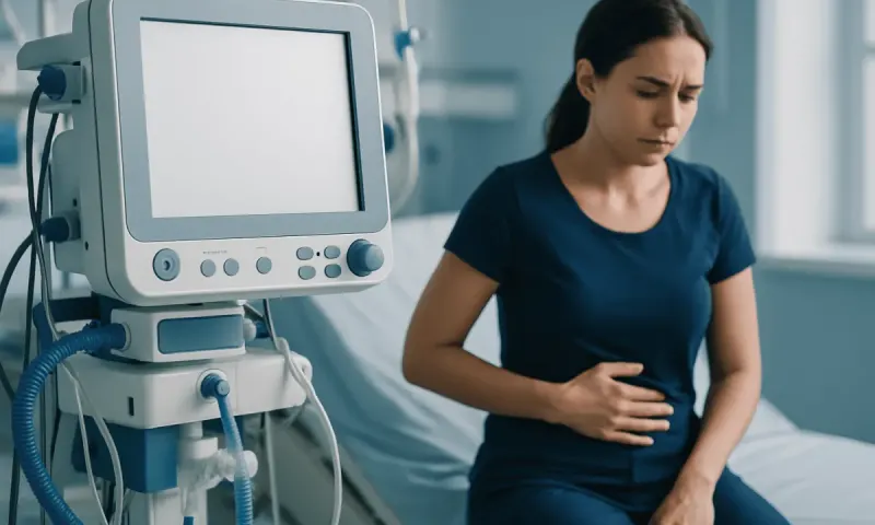 Young woman experiencing stomach pain in hospital bed with medical monitor nearby.