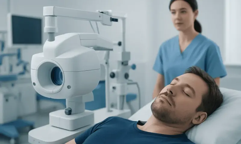 Patient undergoing eye examination with advanced medical equipment at Acibadem Hospital.