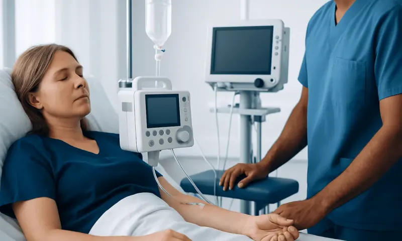 Patient receiving medical care with IV and monitoring equipment at Acibadem Hospital.