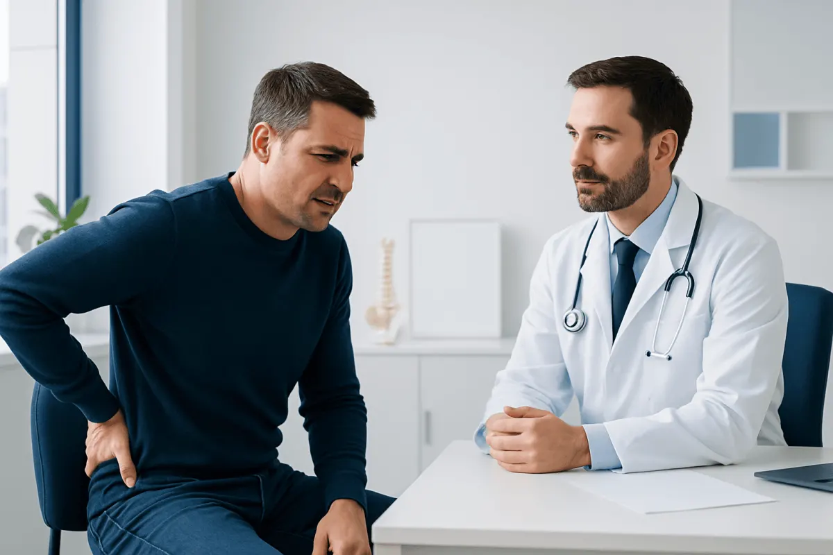 Doctor consulting patient about back pain in a modern clinic setting.