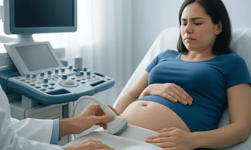 Pregnant woman undergoing ultrasound examination at hospital.