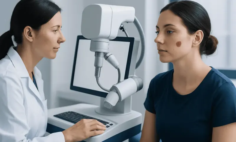 Dermatologist examines a woman with skin spots using a medical device.