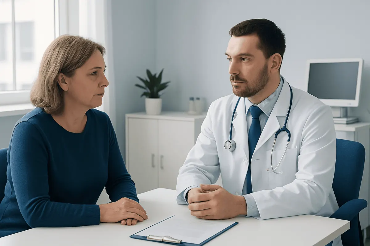 Doctor consulting with a female patient in a medical office setting.