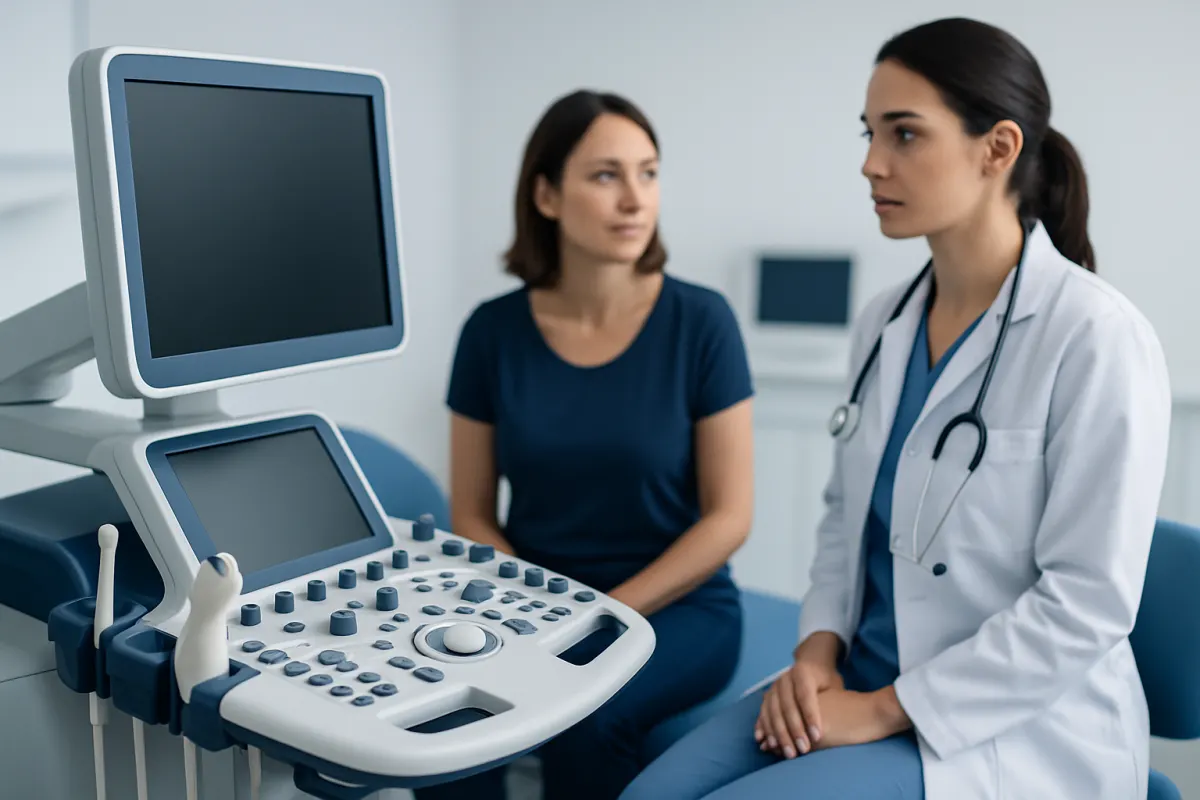 Medical consultation with ultrasound equipment at Acibadem Hospital.