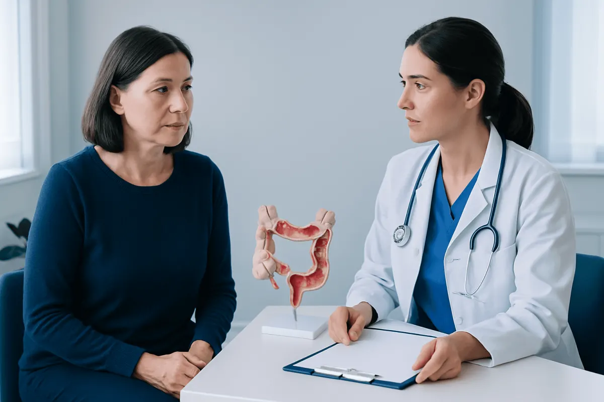 Doctor explaining colon health to patient with model of large intestine.