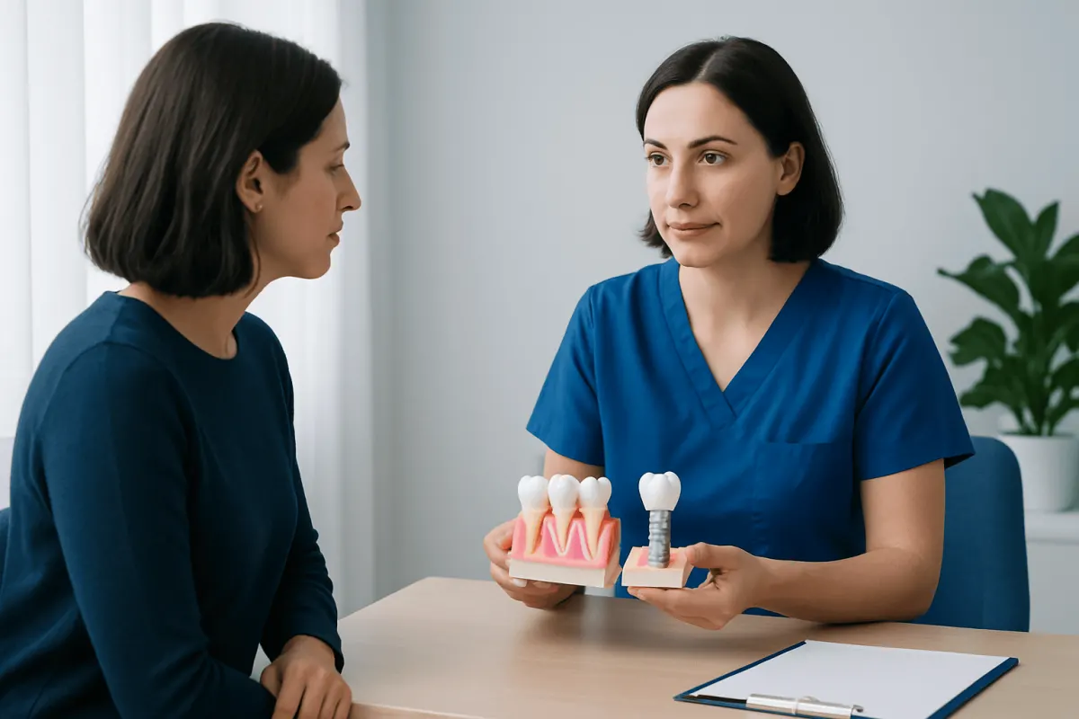 Dentist explaining dental implant options to patient with models.