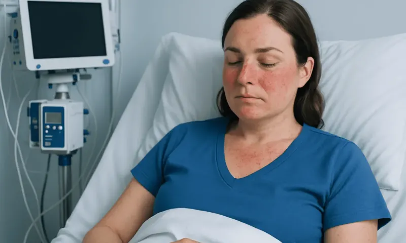 Woman with skin rash resting in hospital bed at Acibadem Hospital.