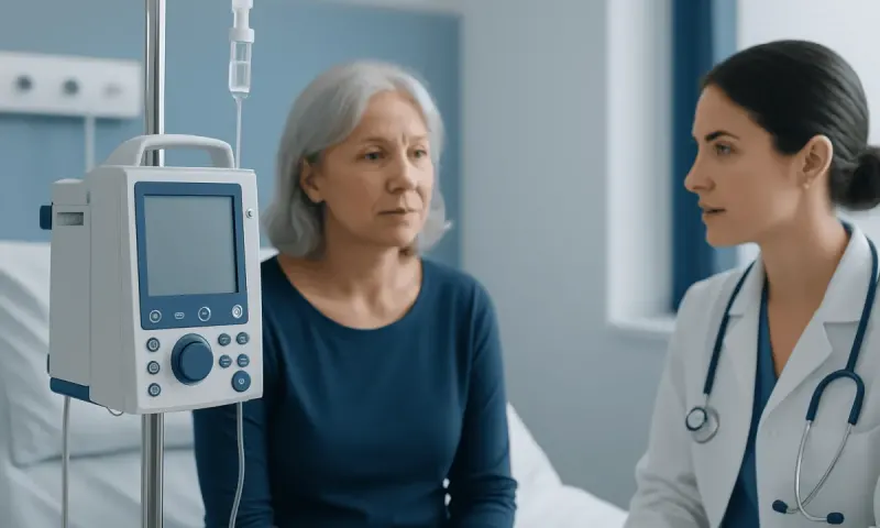 Doctor consulting an elderly patient in hospital room with medical equipment.
