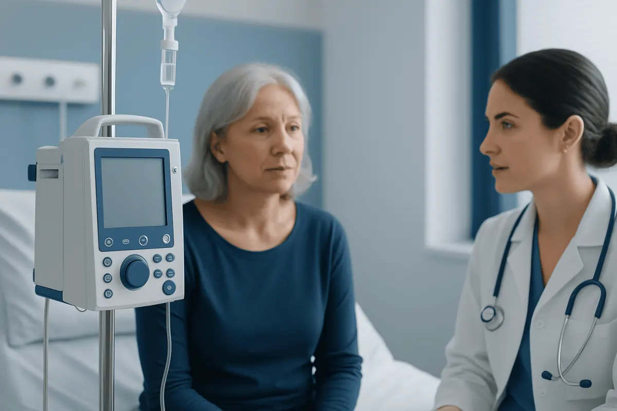 Doctor consulting an elderly patient in hospital room with medical equipment.