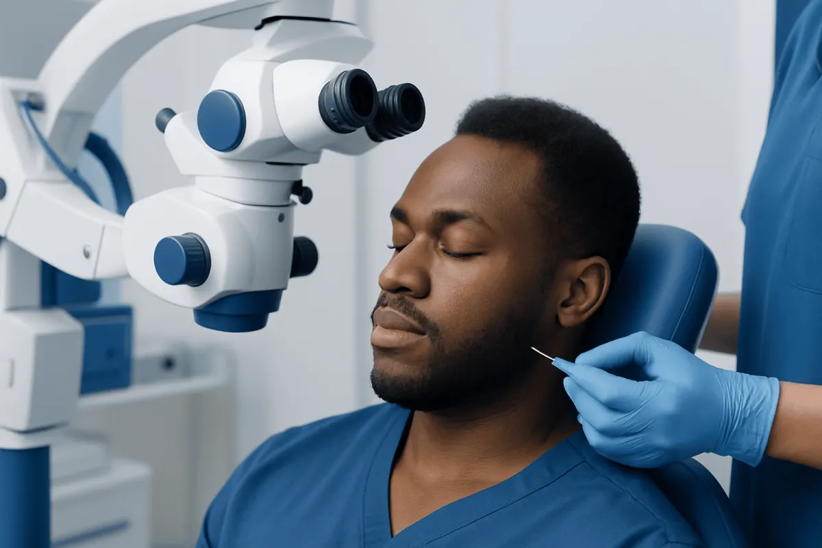 Doctor performing a hairline transplant consultation on a Black man.
