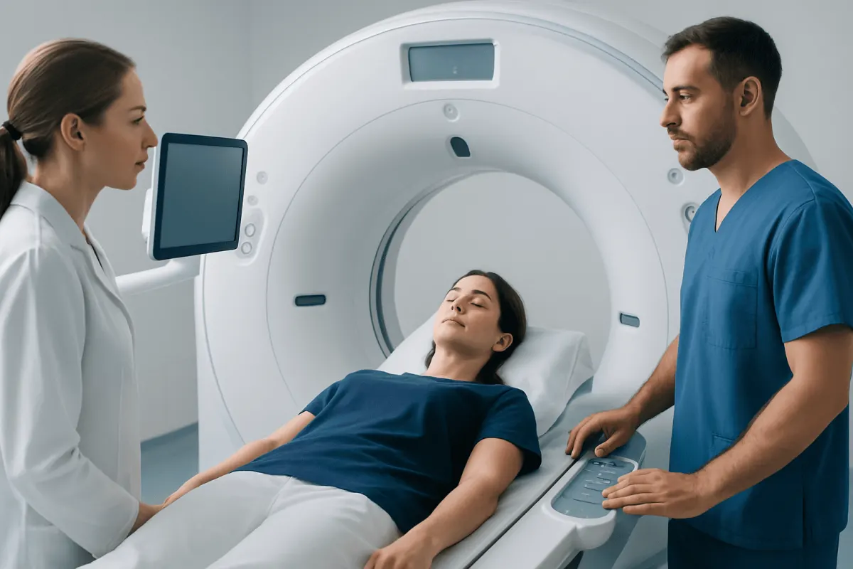 Patient undergoing MRI scan at Acibadem Hospital with medical staff present.