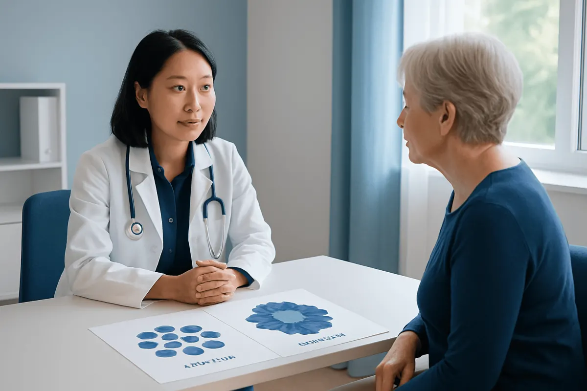 Doctor explaining cancer cell differences to an elderly patient in a consultation room.