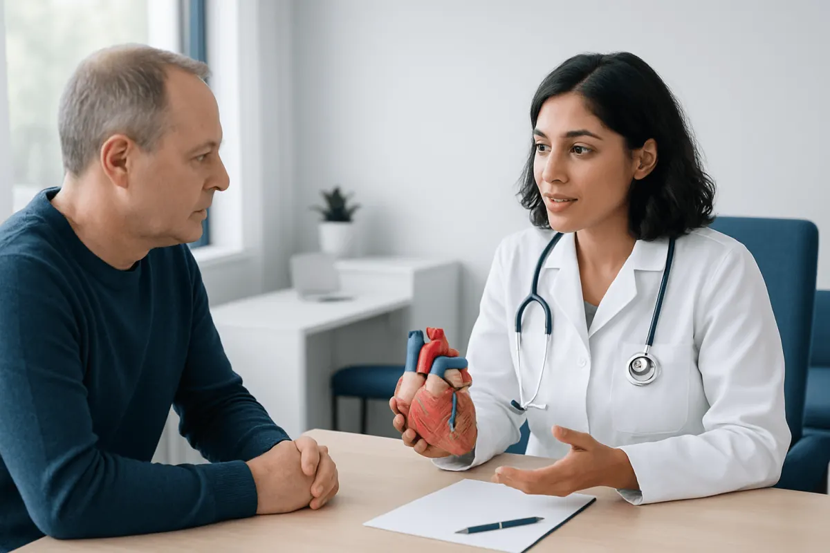 Doctor explaining heart health to patient with model of heart.