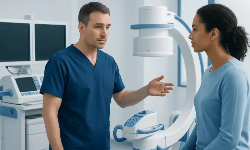Doctor explaining medical procedure to patient in hospital setting.