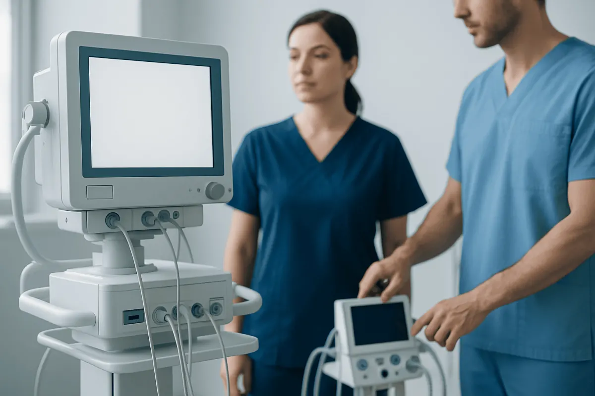 Medical professionals operating ultrasound equipment in a hospital setting.