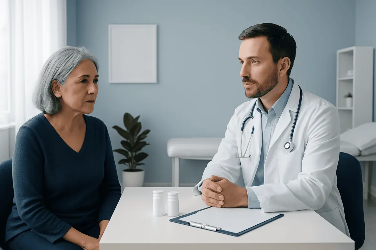 Doctor consulting with an elderly woman in a medical office setting.