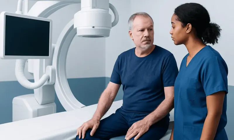 Doctor consulting with patient in medical imaging room at Acibadem Hospital.