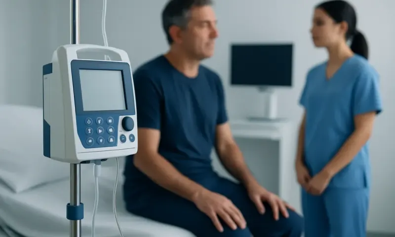 Doctor consulting patient in hospital room with medical equipment nearby.