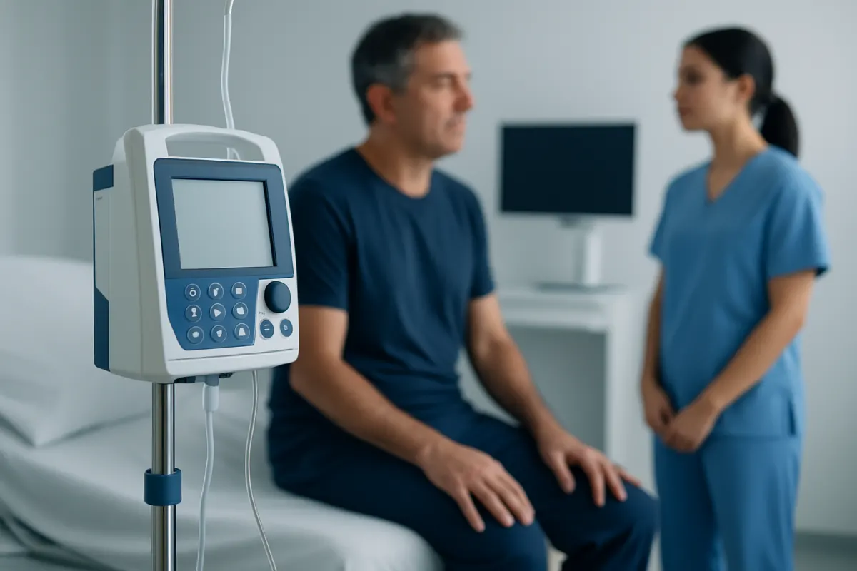 Doctor consulting patient in hospital room with medical equipment nearby.
