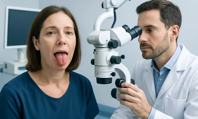 Doctor examining patient's tongue with a microscope in a clinical setting.