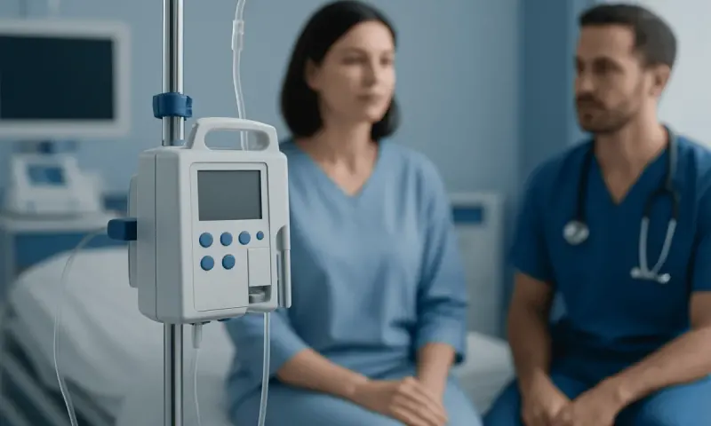 Hospital room with IV drip and medical staff attending a patient.