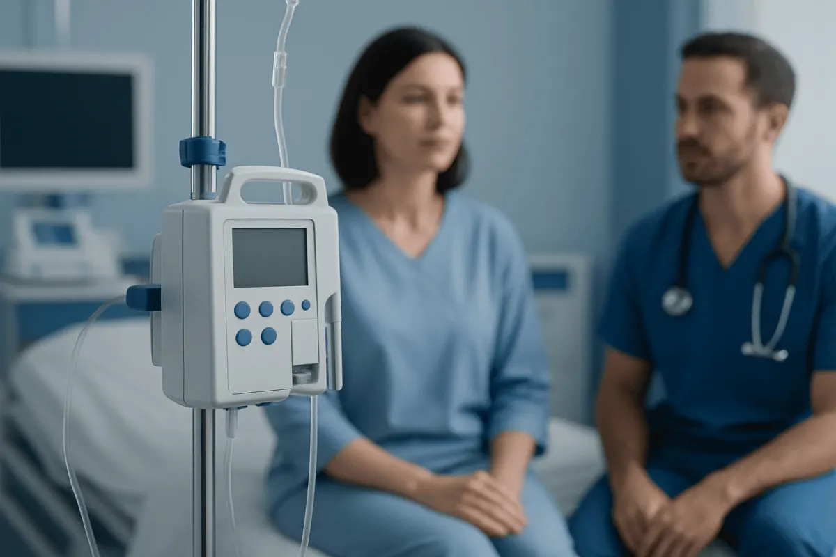 Hospital room with IV drip and medical staff attending a patient.