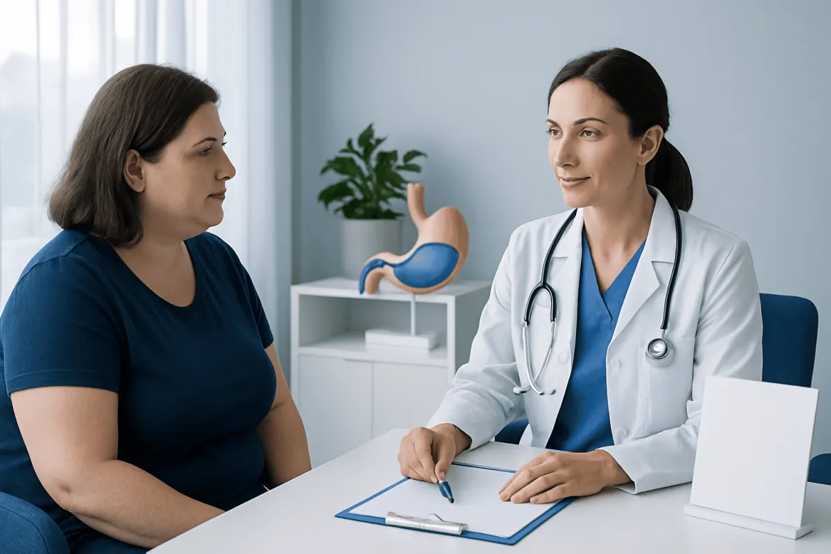 Doctor consulting with a patient about gastric balloon treatment options.