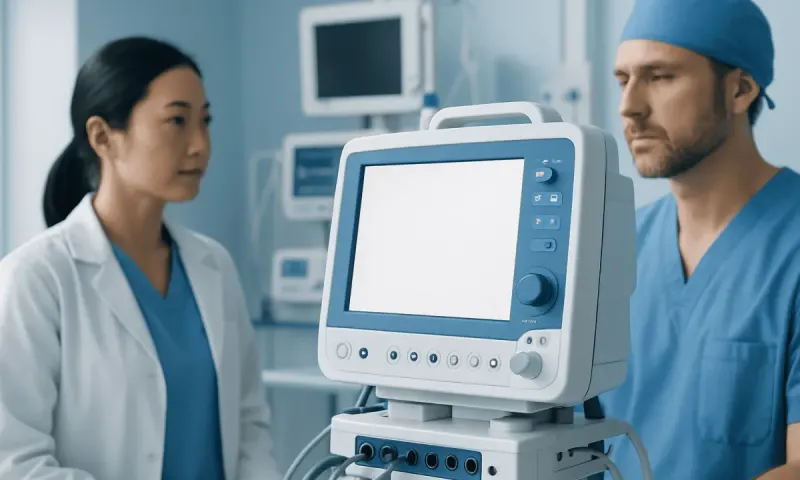 Medical professionals discussing patient care with monitoring equipment in background.