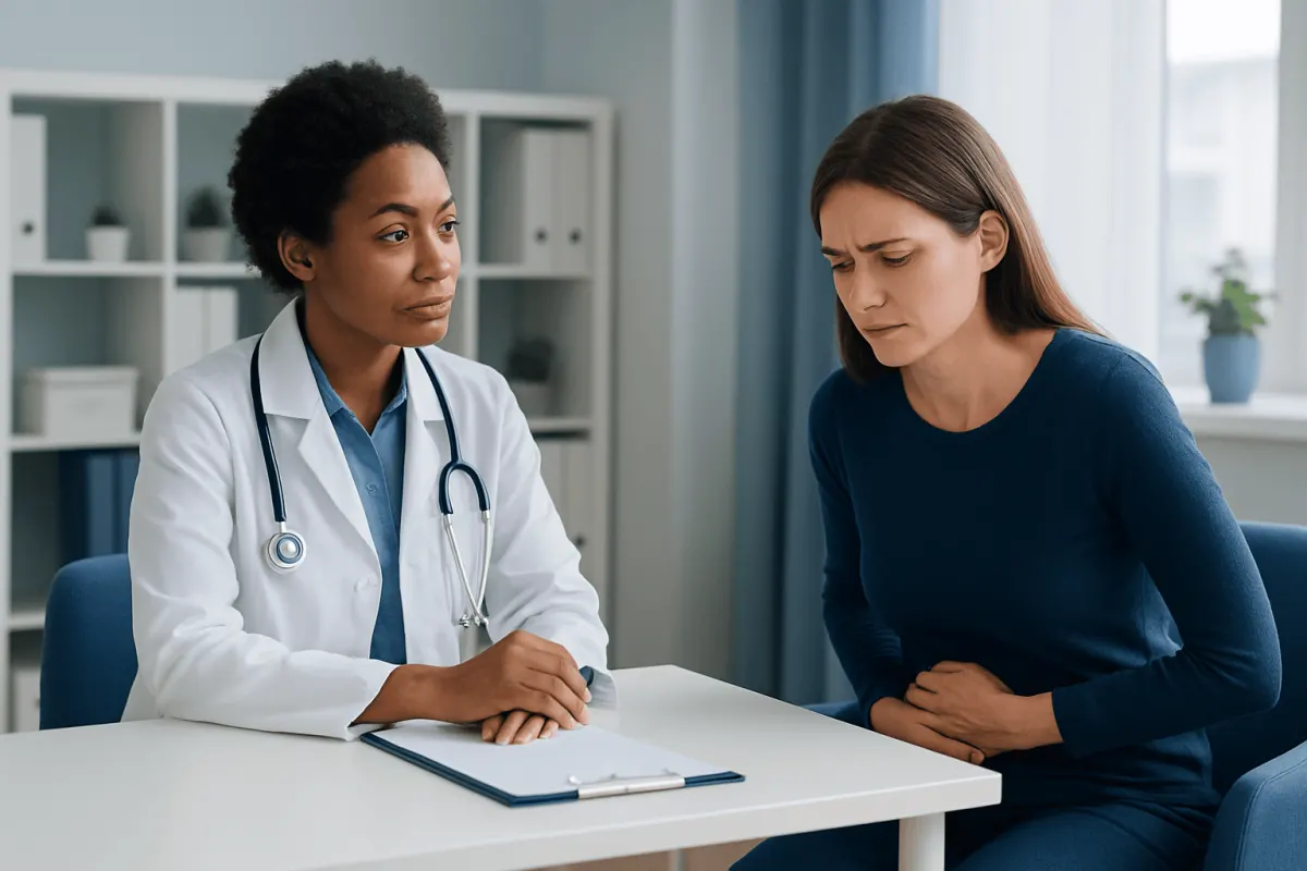 Doctor consulting with a patient about health concerns in a medical office.