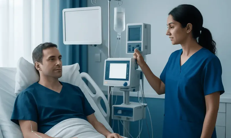 Doctor monitoring patient in hospital room with medical equipment.