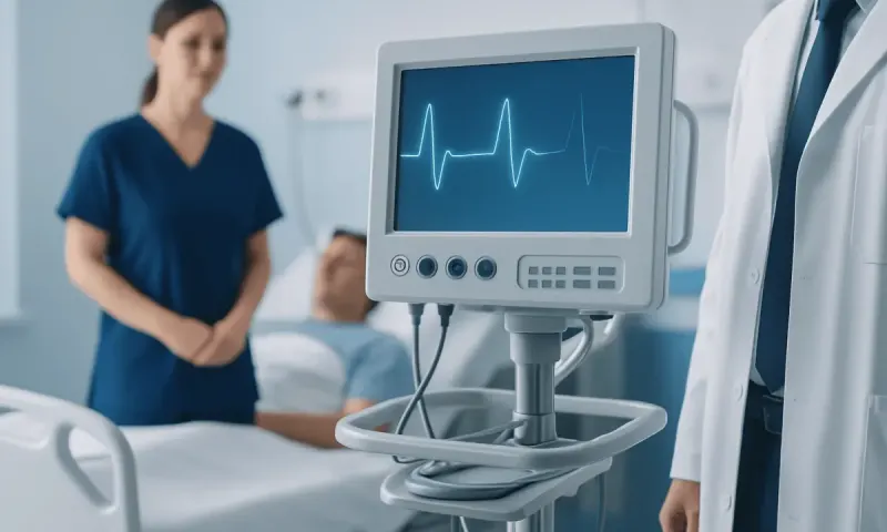 Hospital monitoring equipment with a patient and medical staff in background.