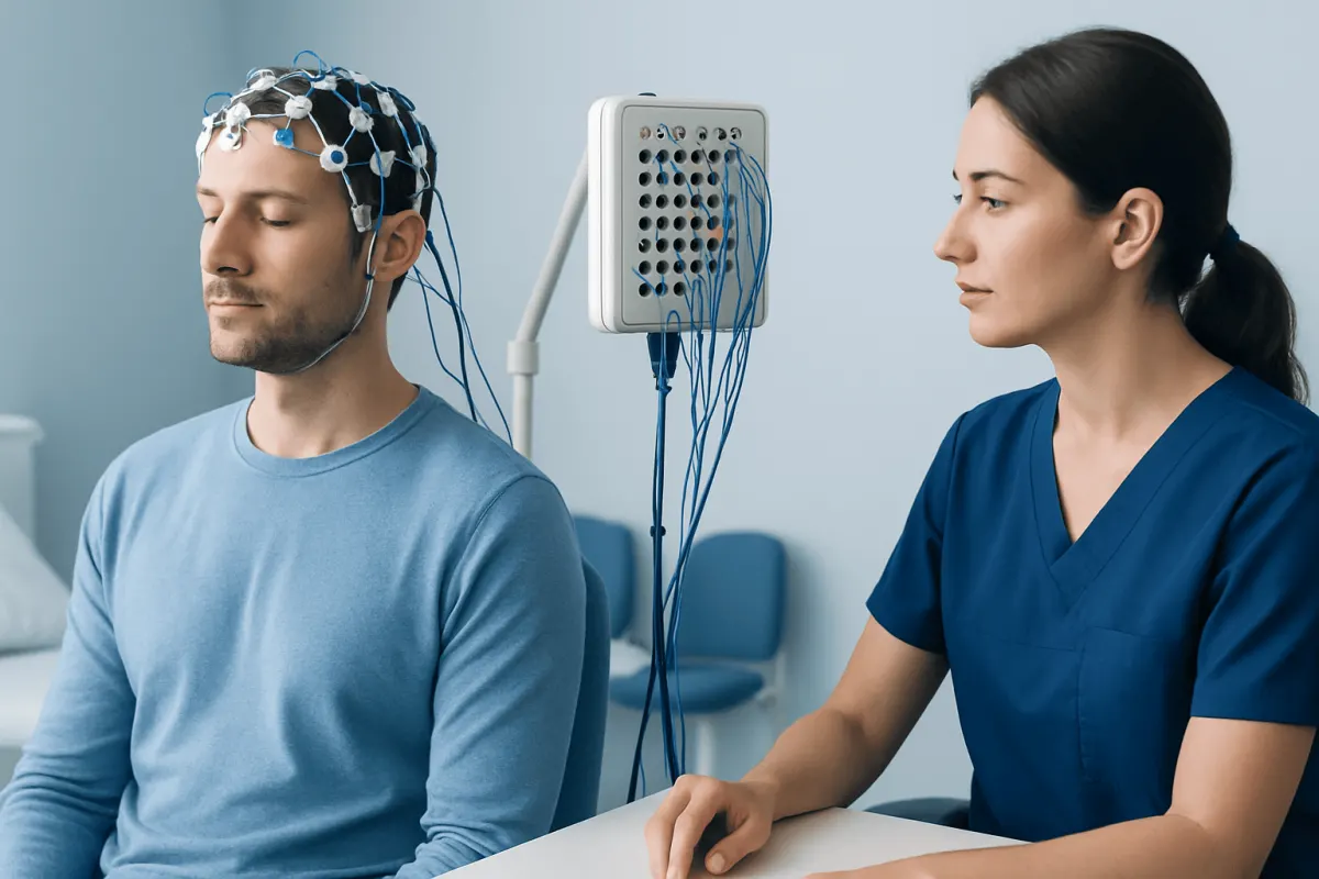 Patient undergoing neurophysiology test with EEG cap at Acibadem Hospital.
