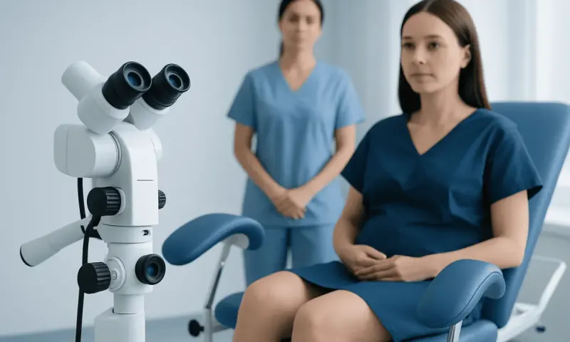 Woman in medical gown sitting in examination room with microscope nearby.