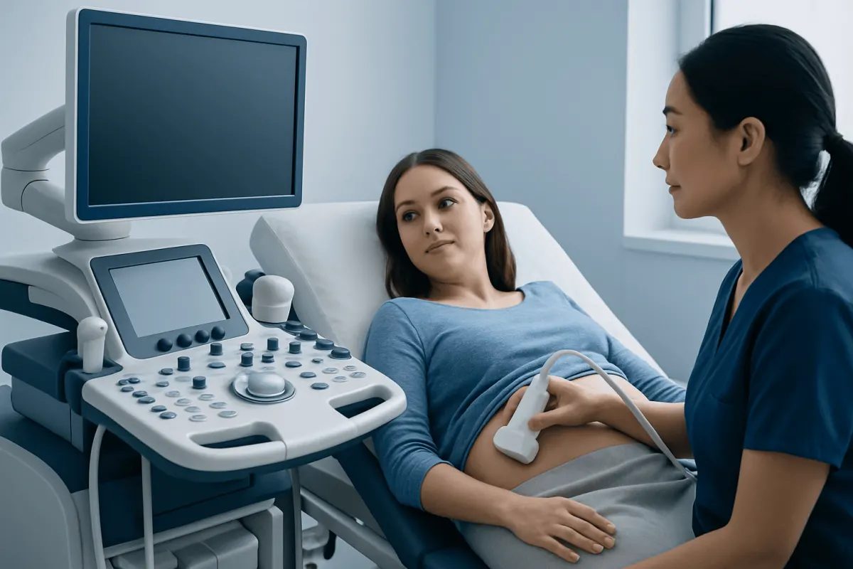 Pregnant woman undergoing ultrasound examination in a hospital.